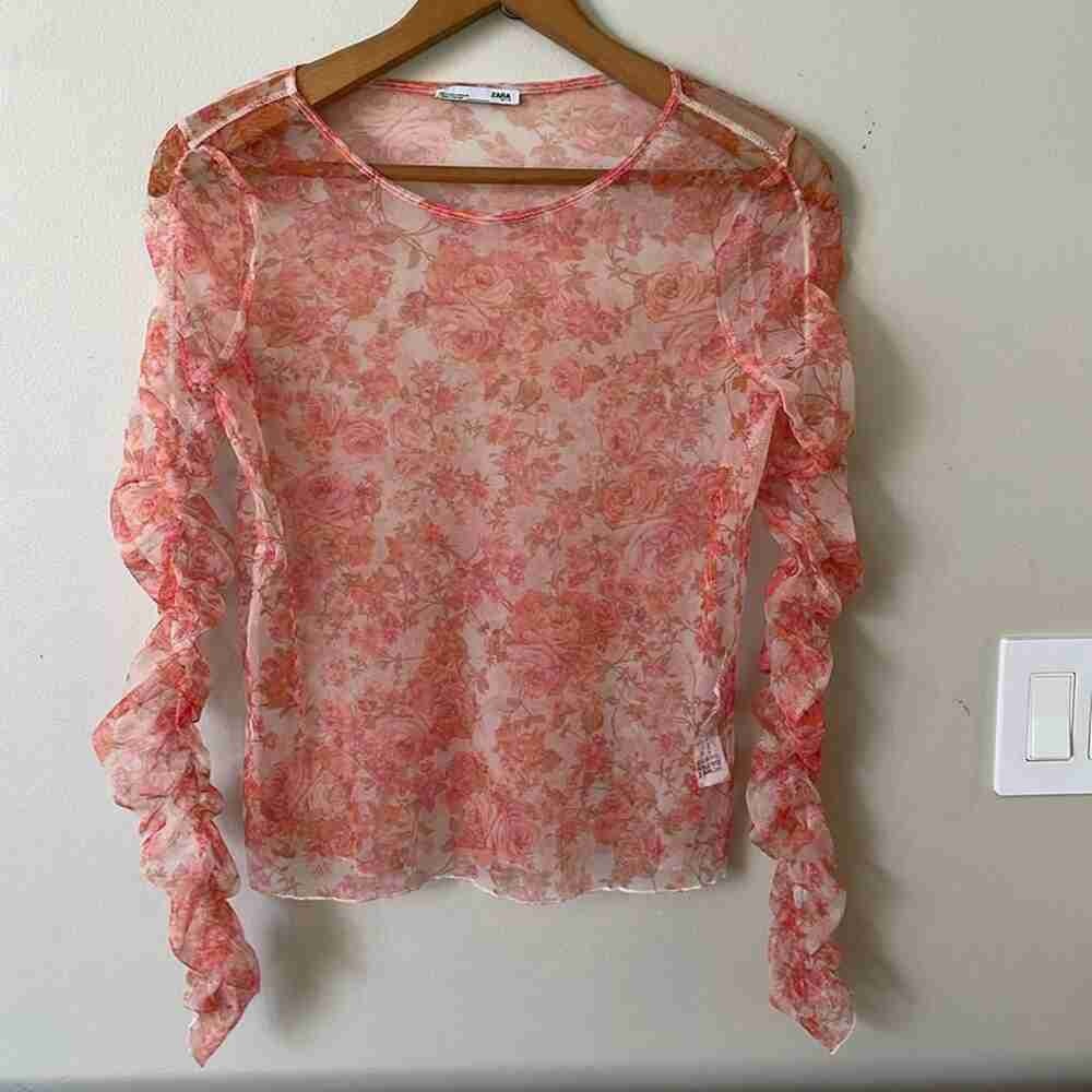 Mango Floral Sheer Blouse - Pink and Cream